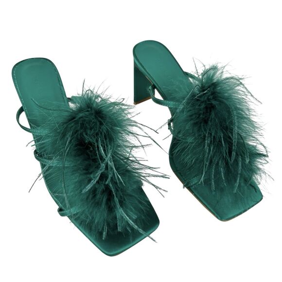 Billini Shoes - Billini Womens Square Toe Feather Heels Sz 8 Emerald Green Satin Slip On Glam